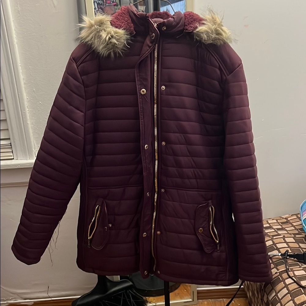 Women's Burgundy Puffer Jacket with Faux Fur Hood